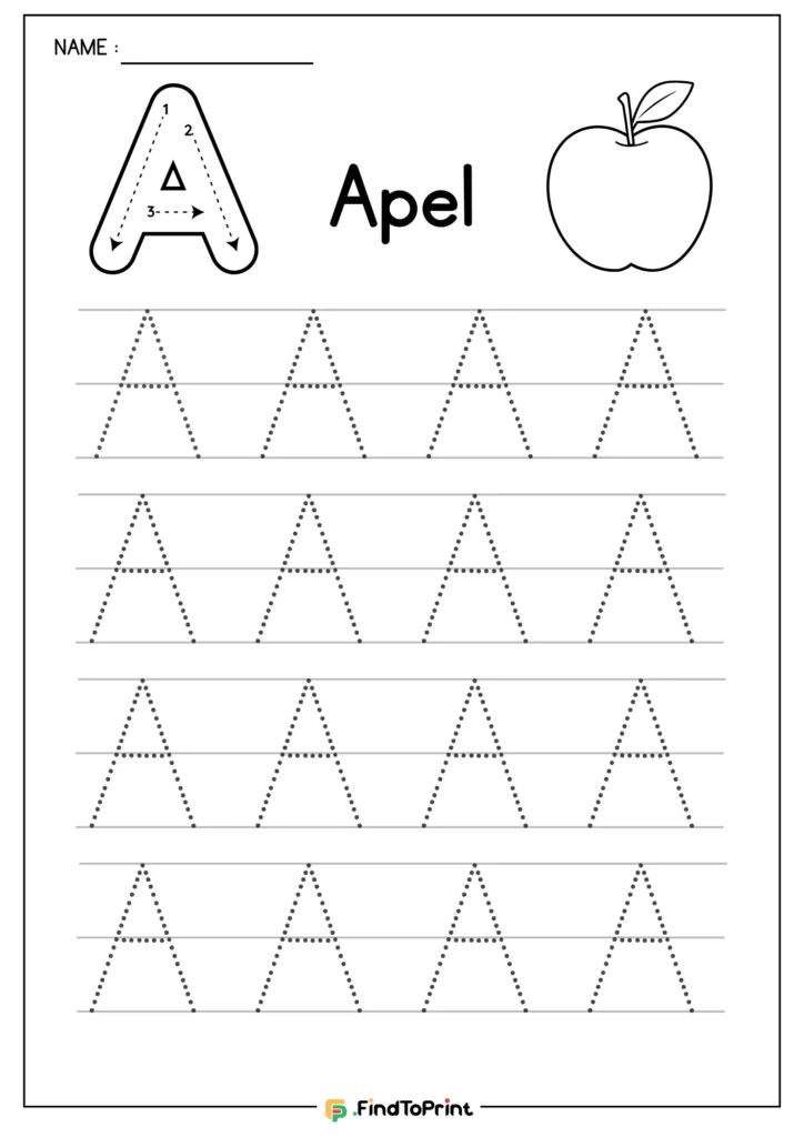 Letter A tracing worksheet with example apple illustration and practice rows.