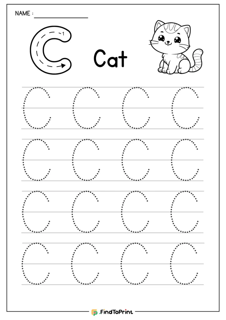 Letter C tracing sheet with cat illustration and repeated practice rows