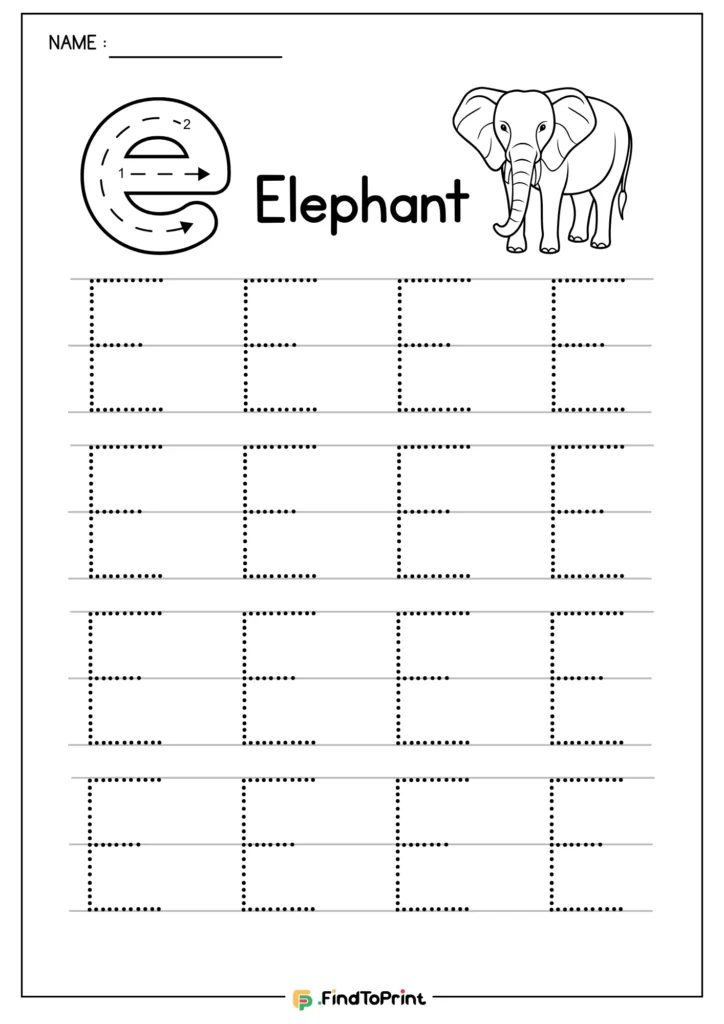 Letter E tracing worksheet with elephant illustration and guided stroke arrows.