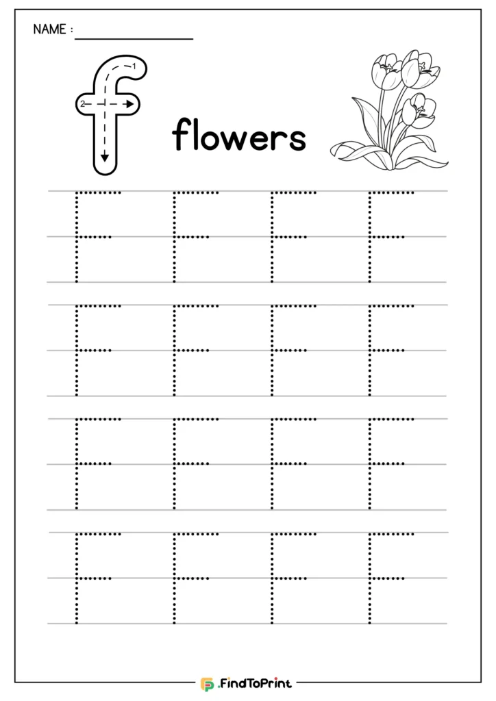 Letter F tracing sheet with flowers and dotted uppercase practice lines.