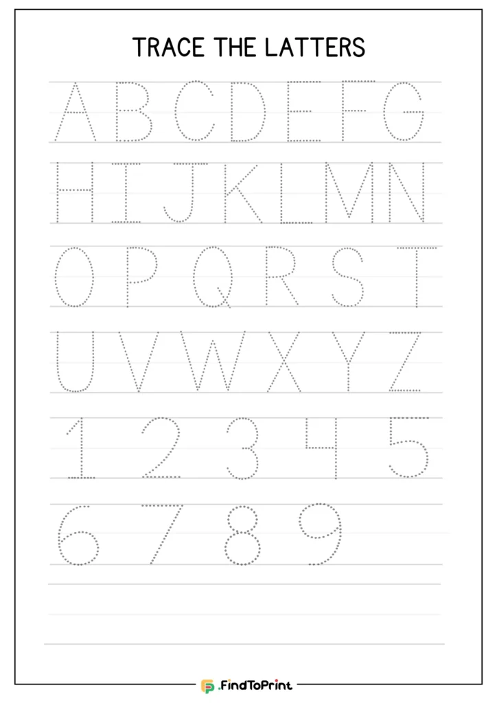 Alphabet and numbers tracing worksheet with A to Z and 0 to 9 dotted guides.