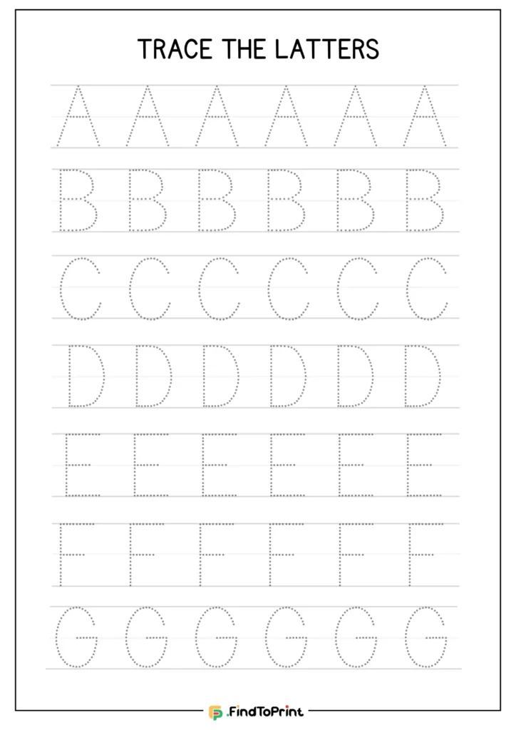 Tracing worksheet for letters A to G with dotted uppercase practice rows.