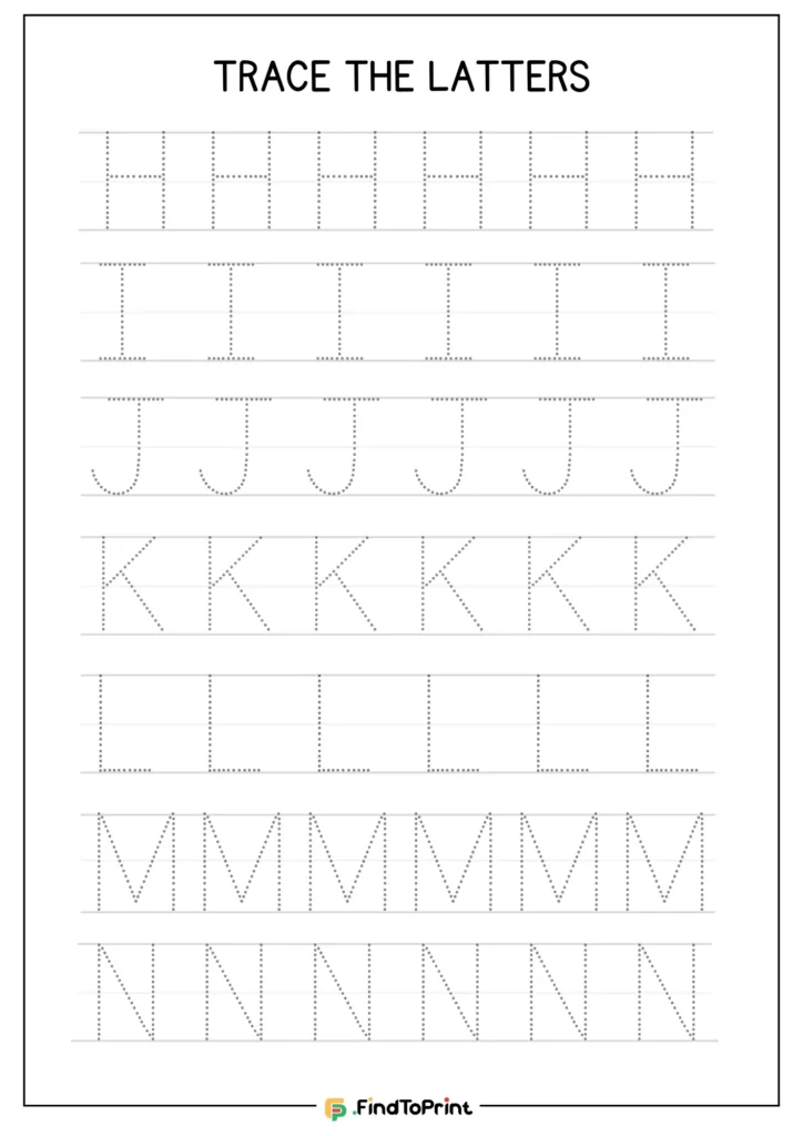 Tracing worksheet for letters H to N with dotted practice letters.