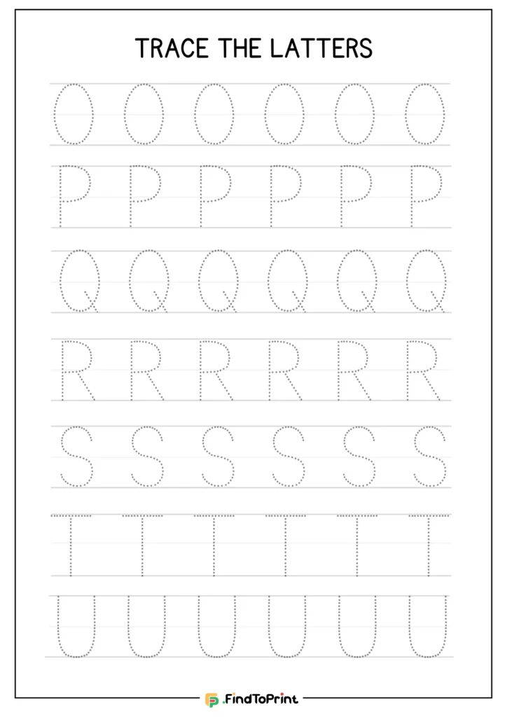 Tracing worksheet for letters O to U with dotted uppercase guides.