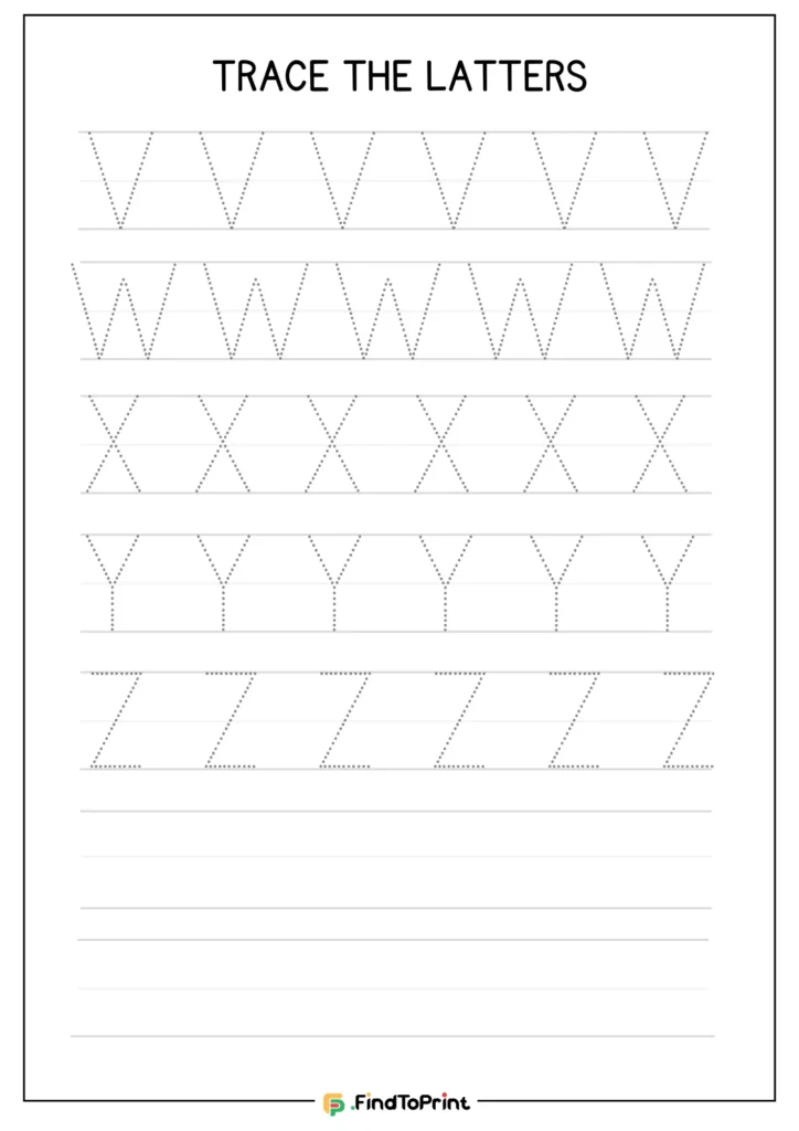 Letter tracing worksheet for V to Z with dotted practice rows.