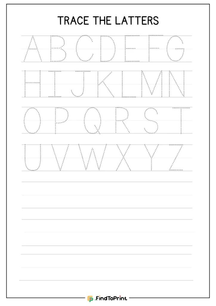 Uppercase alphabet tracing sheet with A to Z dotted letters and blank lines.