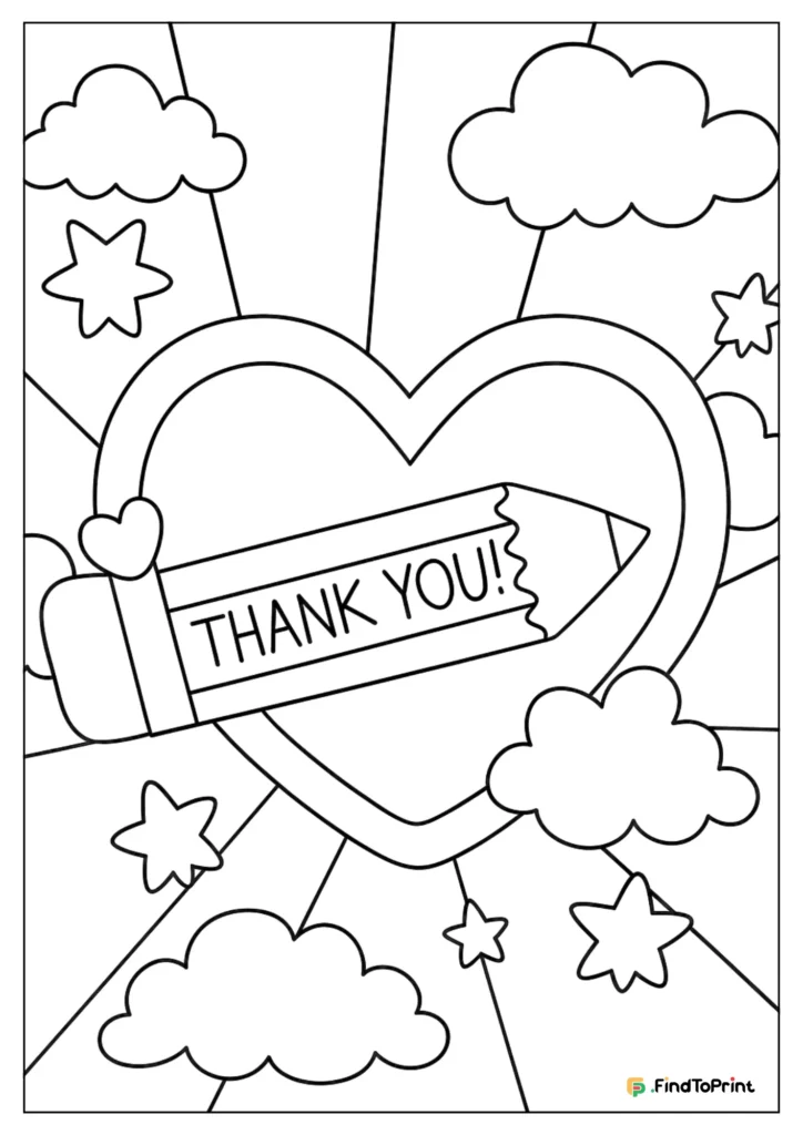 Thank you heart and pencil coloring page surrounded by clouds and stars.