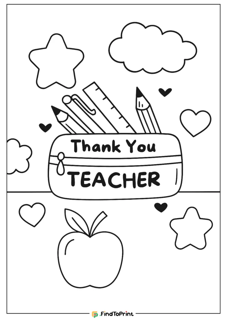 Thank you teacher coloring card with pencil case, apple, and hearts.