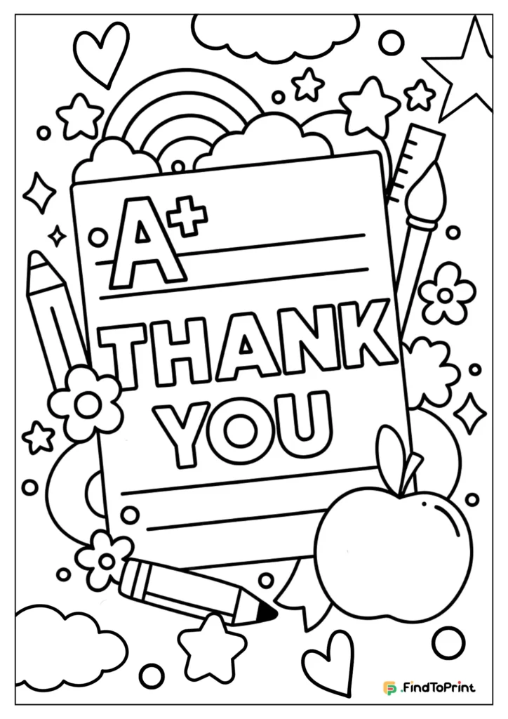 A plus thank you coloring page with pencils, rainbow, apple, and stars.