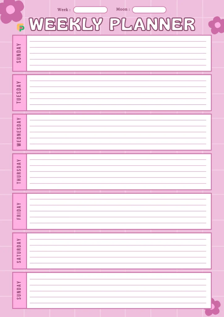 Minimalist pink cute weekly planner printable with lined boxes for each weekday.