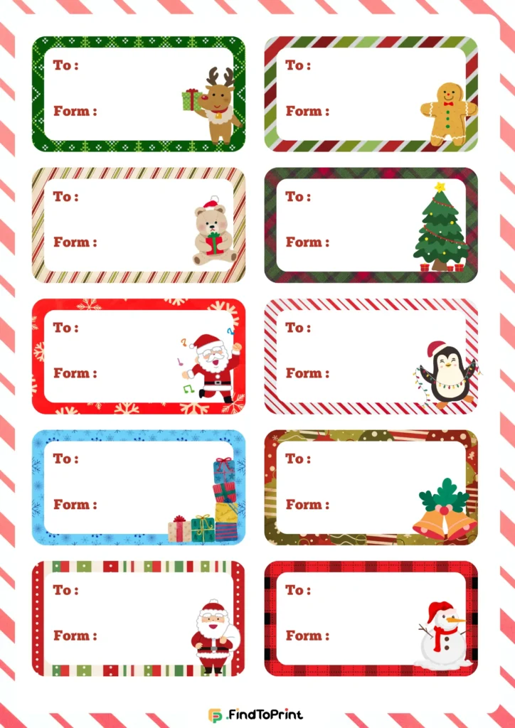 Printable Christmas labels with holiday characters including reindeer, Santa, penguin, and snowman.