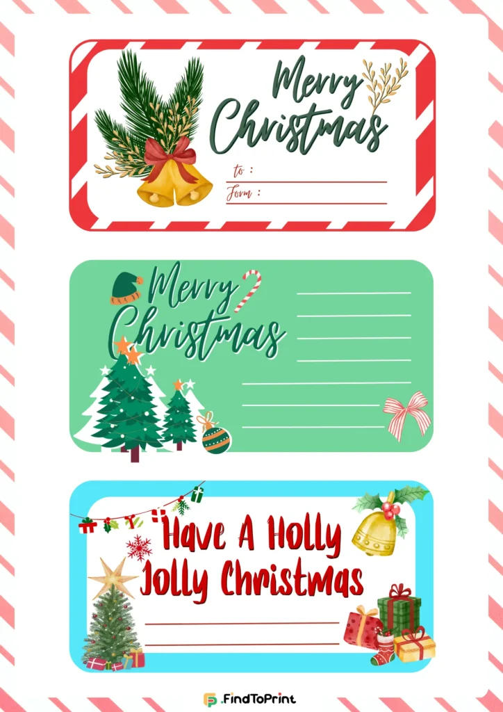 Festive printable Christmas gift labels with Merry Christmas text and decorative holiday element.